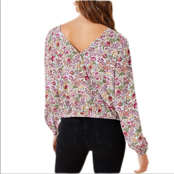Loft Jungle Wrap V-Back Multicolor Floral Elasticized Hem Top EUC Size Medium - Picture 3 of 14